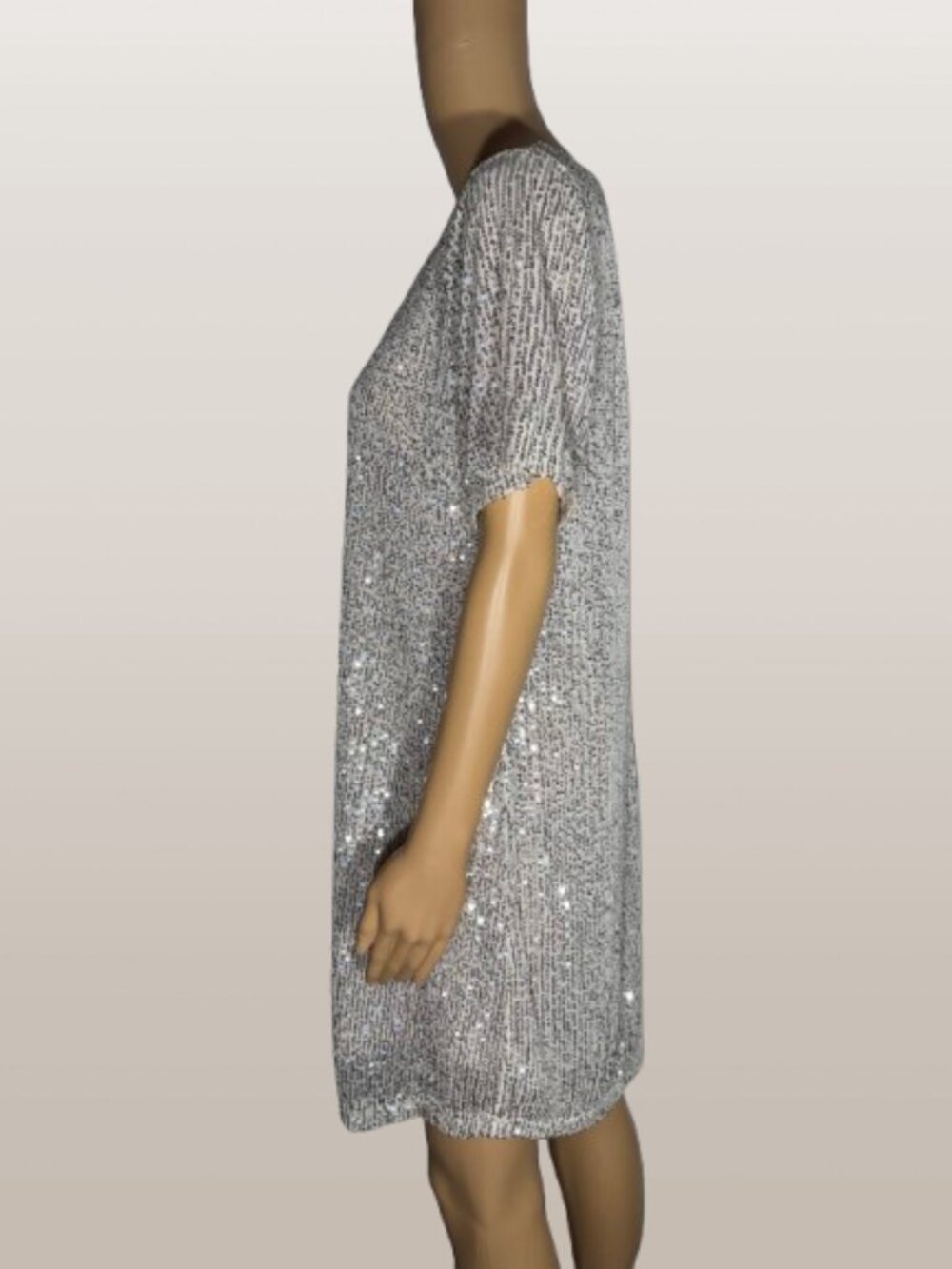 7 For All Mankind Silver Sequin Short Sleeve Shift Dress Medium - Picture 4 of 9